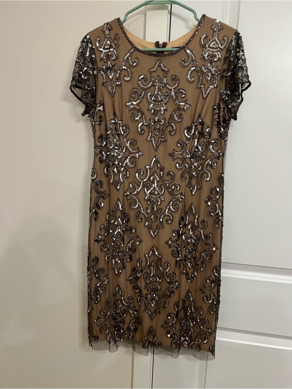 Adrianna Papell Tan and Black Beaded Short Dress